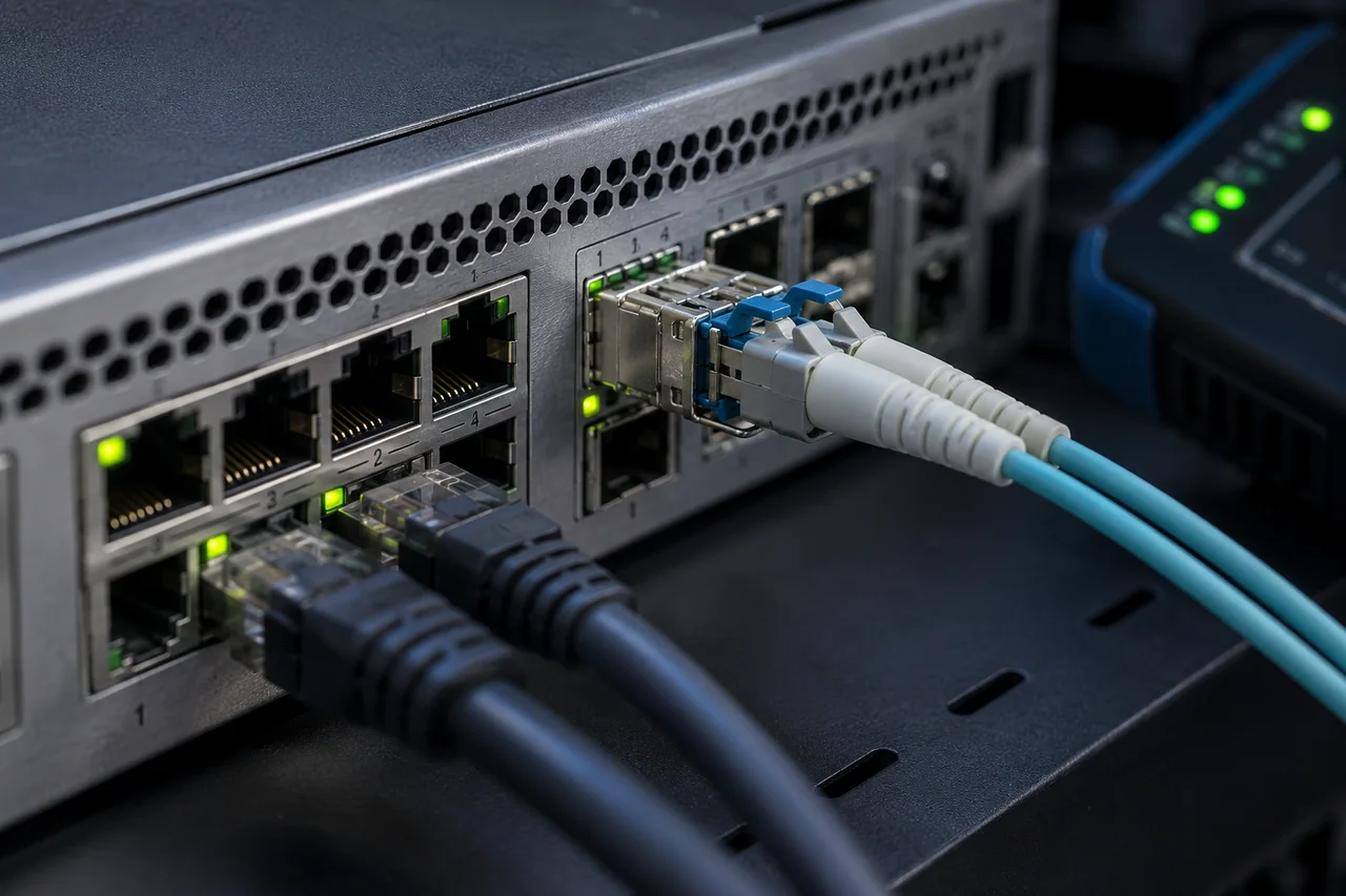 交换机上的SFP光纤模块、网线与接口指示灯